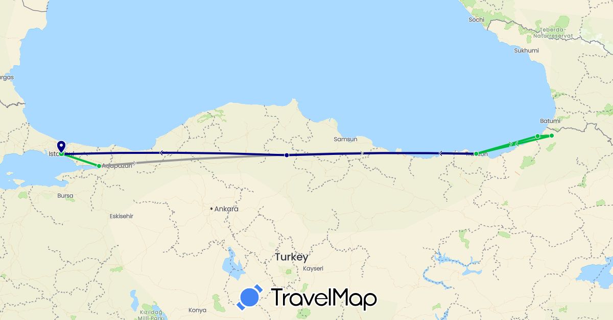 TravelMap itinerary: driving, bus, plane in Turkey (Asia)