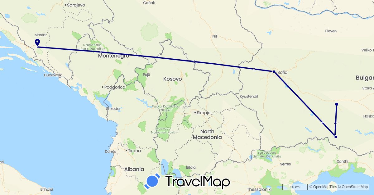 TravelMap itinerary: driving in Bosnia and Herzegovina, Bulgaria (Europe)